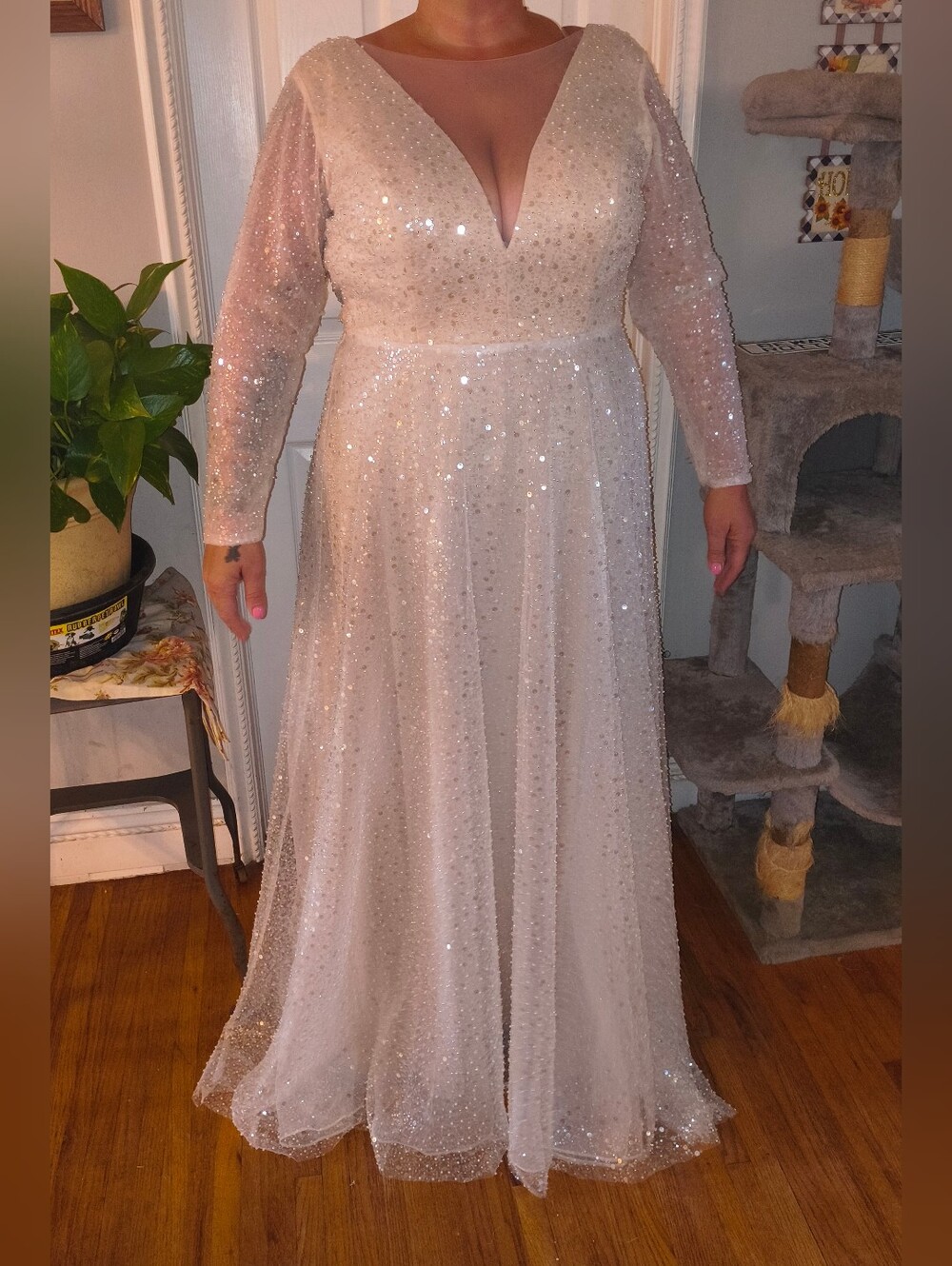 Sequin Long Sleeve Backless Wedding/Evening Dress - Champagne/ Cream White.